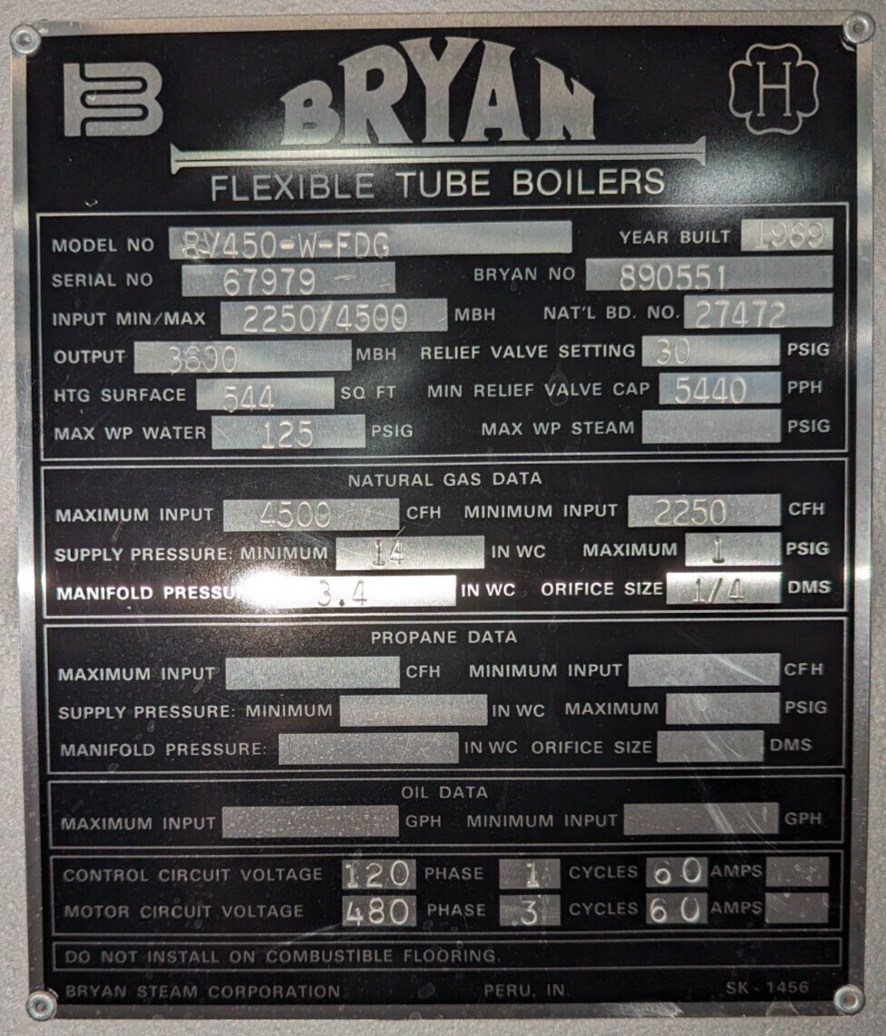 Bryan Hotwater Boiler RV450-W-FDG 4500 MBH Input Nat Gas Burner Boiler MFD 1989