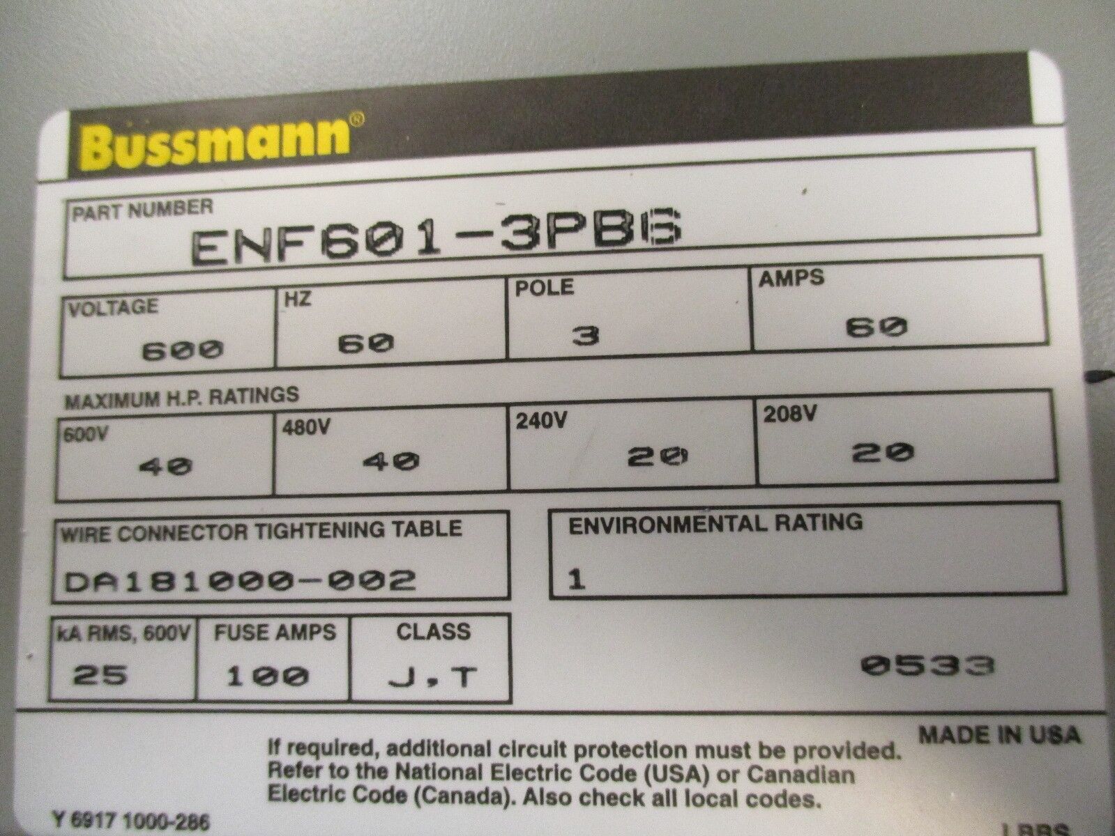 Bussmann Enclosed Switch ENF601-3PB6 60A 3P New Surplus