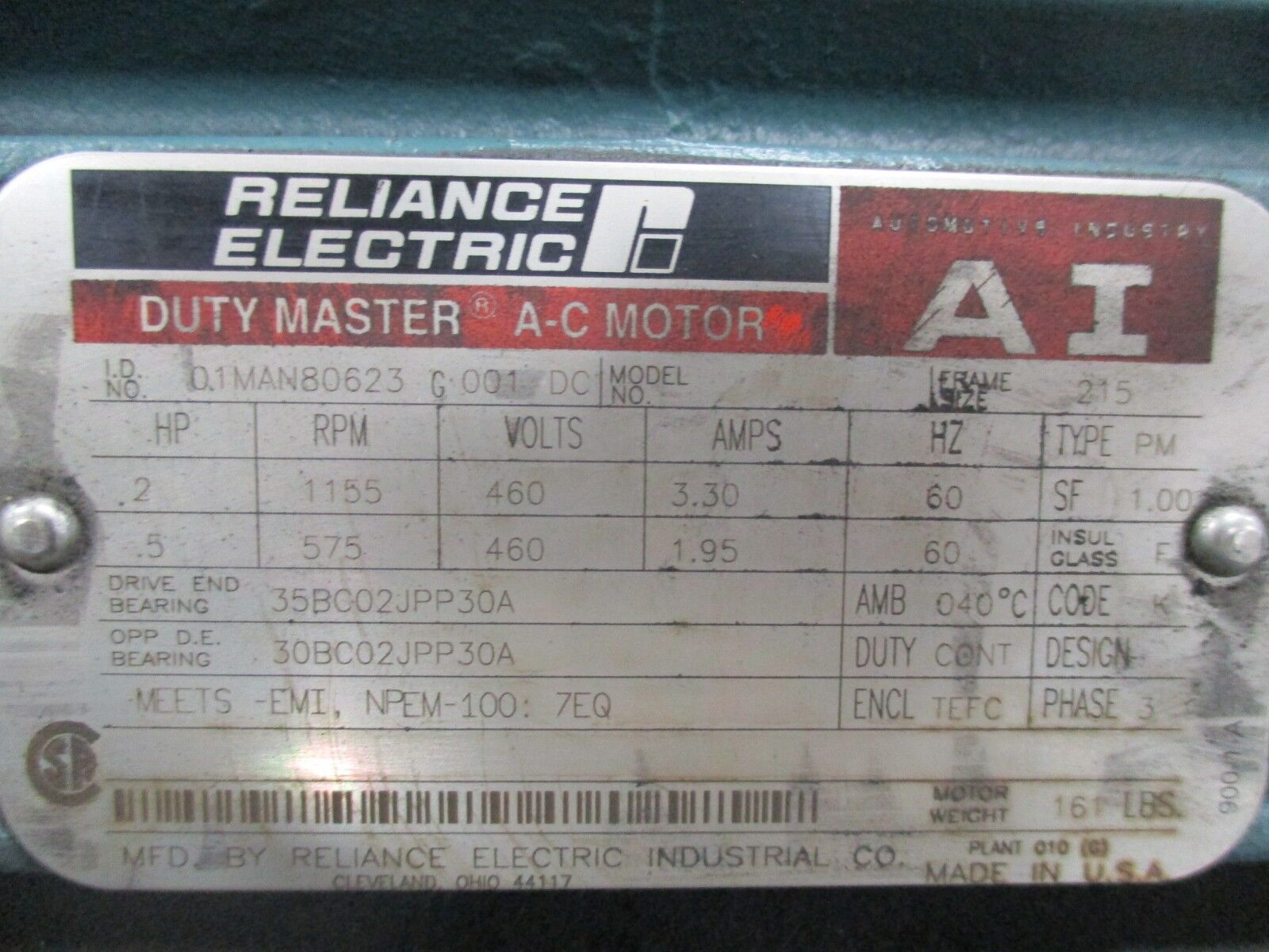 Reliance AI Duty Master AC Motor 01MAN80623 G 001 DC 0.2/0.5HP New Surplus