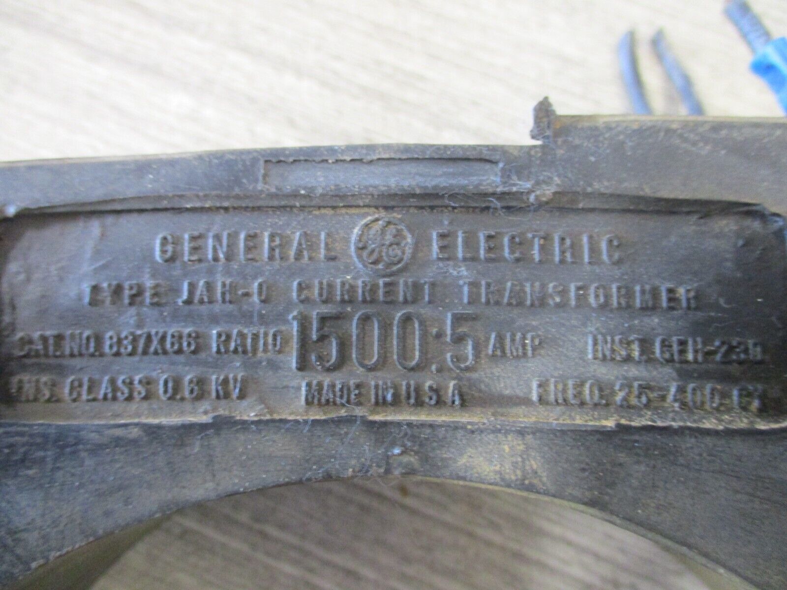 GE Type JAH-0 Current Transformer 837X66 Ratio 1500:5A 25-400HZ Used.