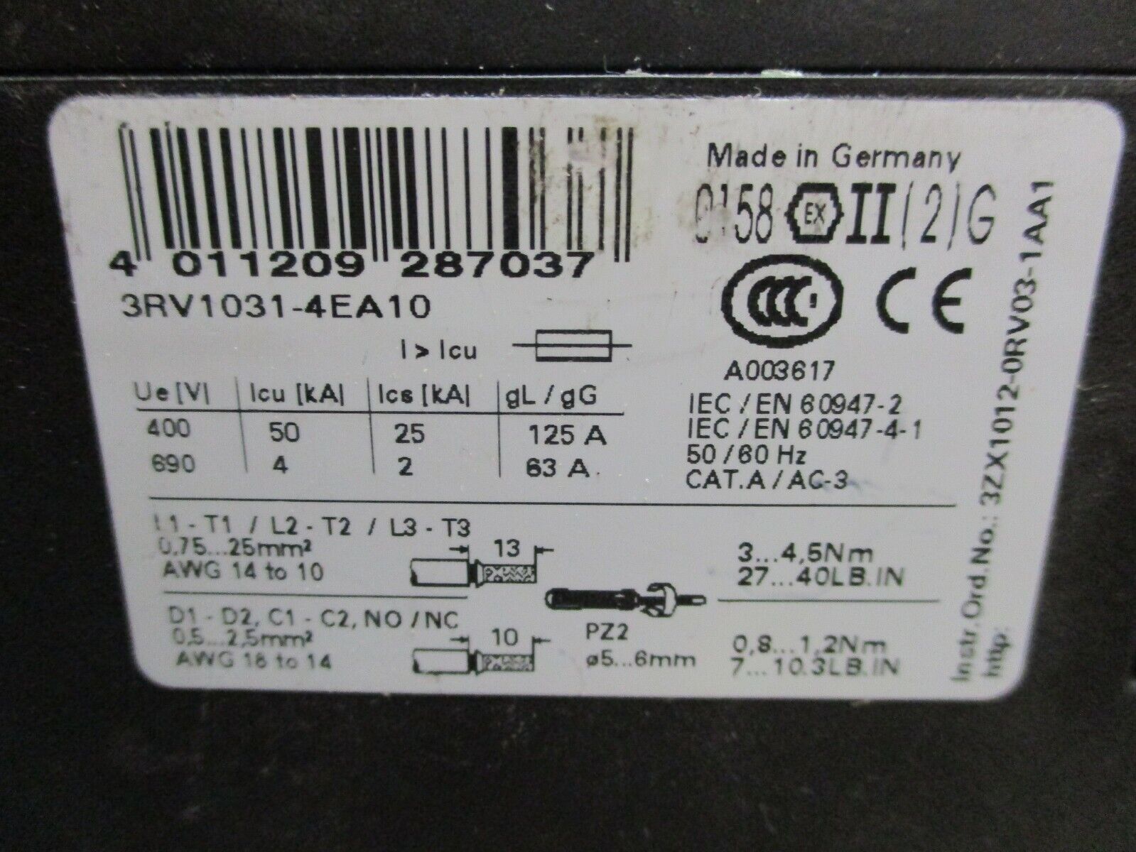 Siemens Sirius Motor Protector 3RV1031-4EA10 Trip: 22-32A Used