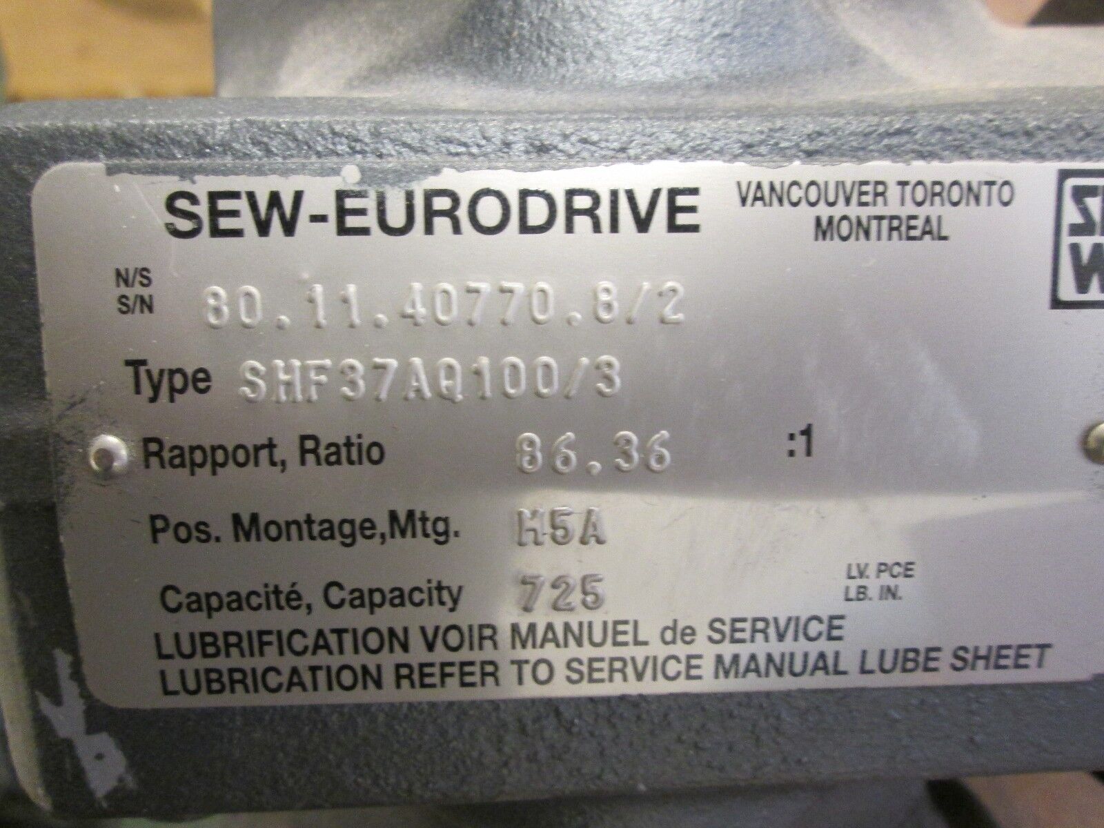 Sew-EuroDrive Gear SHF37AQ100/3 Ratio 86.36:1 Capacity 725 Used