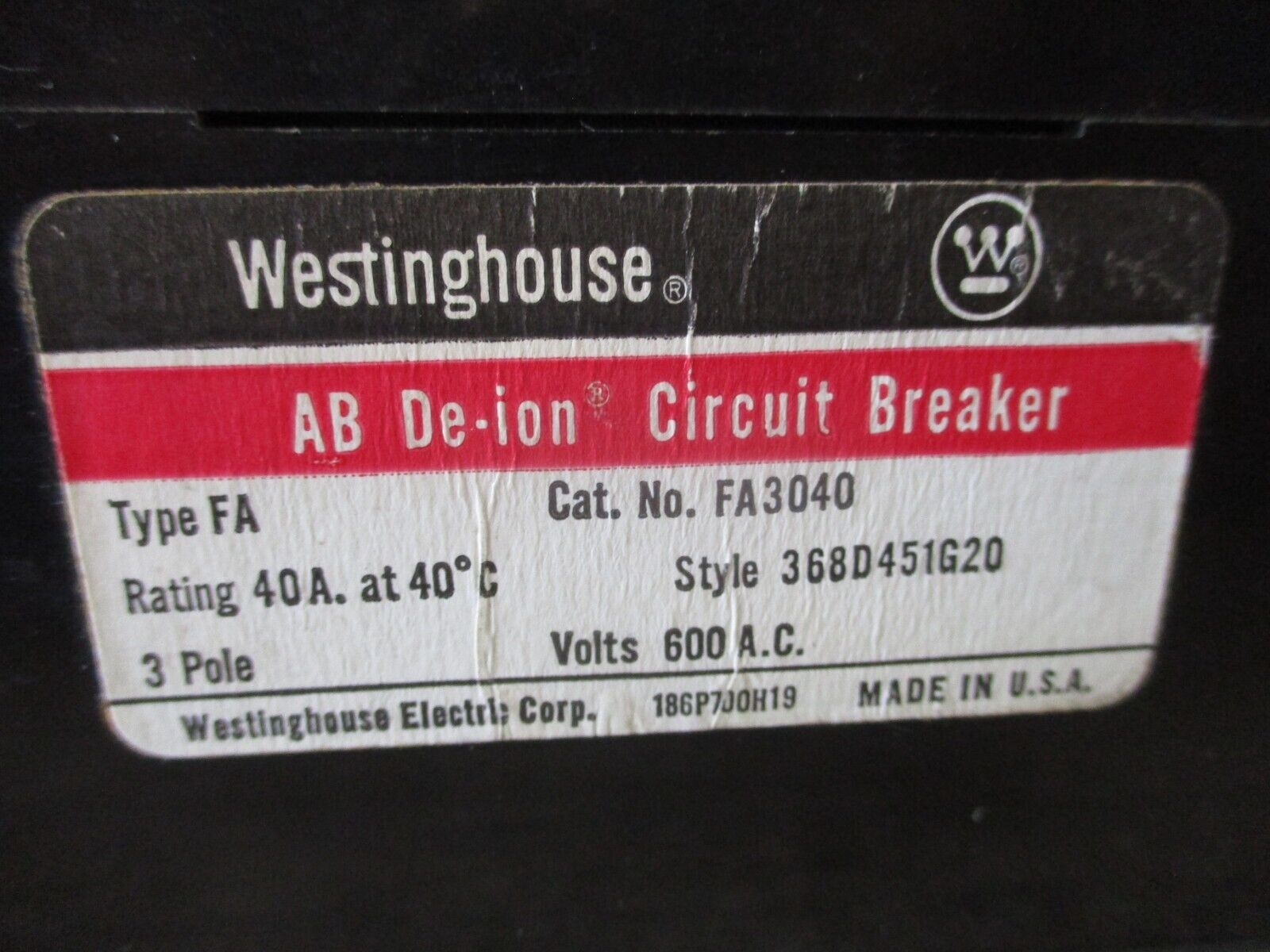 Westinghouse AB De-ion Circuit Breaker FA3040 40A 600V 3P Used