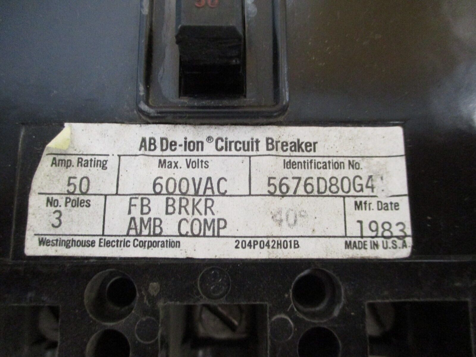 Westinghouse AB De-ion Circuit Breaker 5676D80G41 50A 600V 3P Used