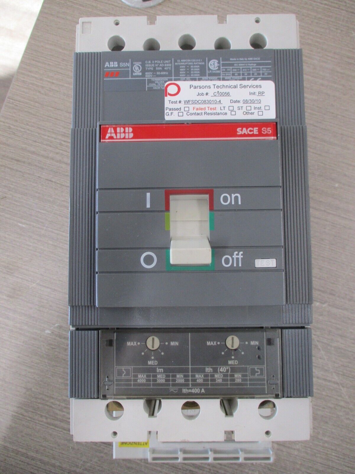 ABB SACE S5 Circuit Breaker S5N 400 400A 600V 3P *Missing Lug Bolt* Used