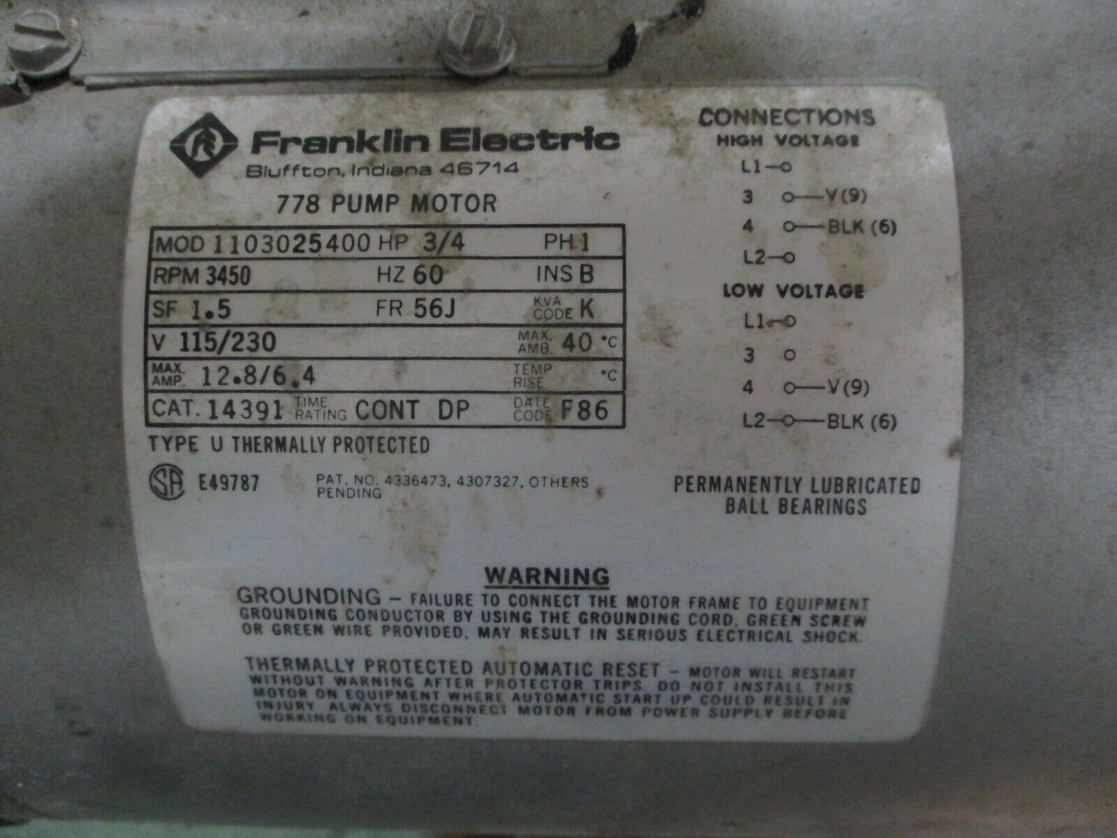 Franklin Electric Motor w/ Booster Pump 1103025400 3/4HP 3600RPM FR:56J 1Ph Used