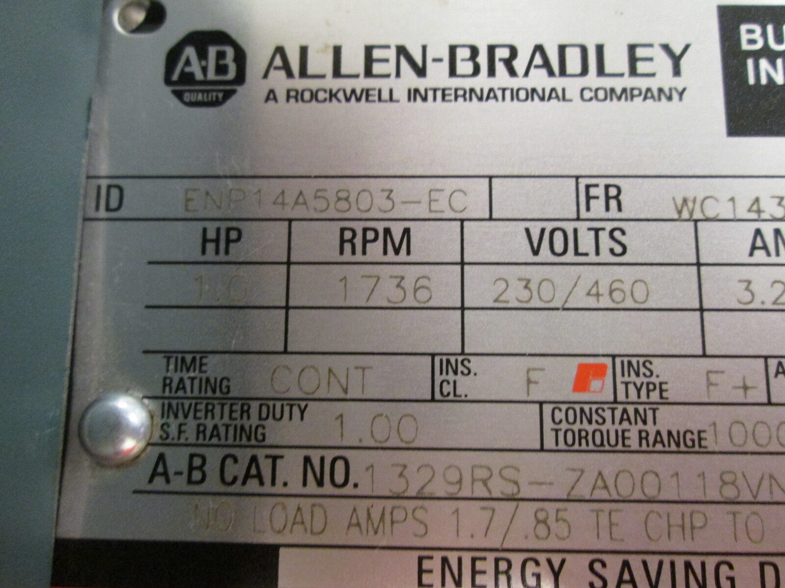 Allen-Bradley AC Motor w/ Encoder ENP14A5803-EC 1.0HP 1736RPM FR: WC143TC Used