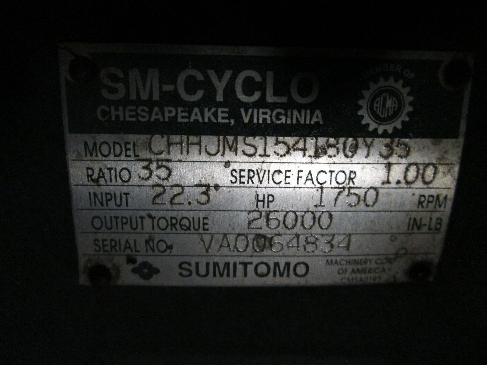 Sumitomo Gear CHHJMS154180Y35 22.3HP Ratio: 35 1750RPM Input Service Factor: 1.0