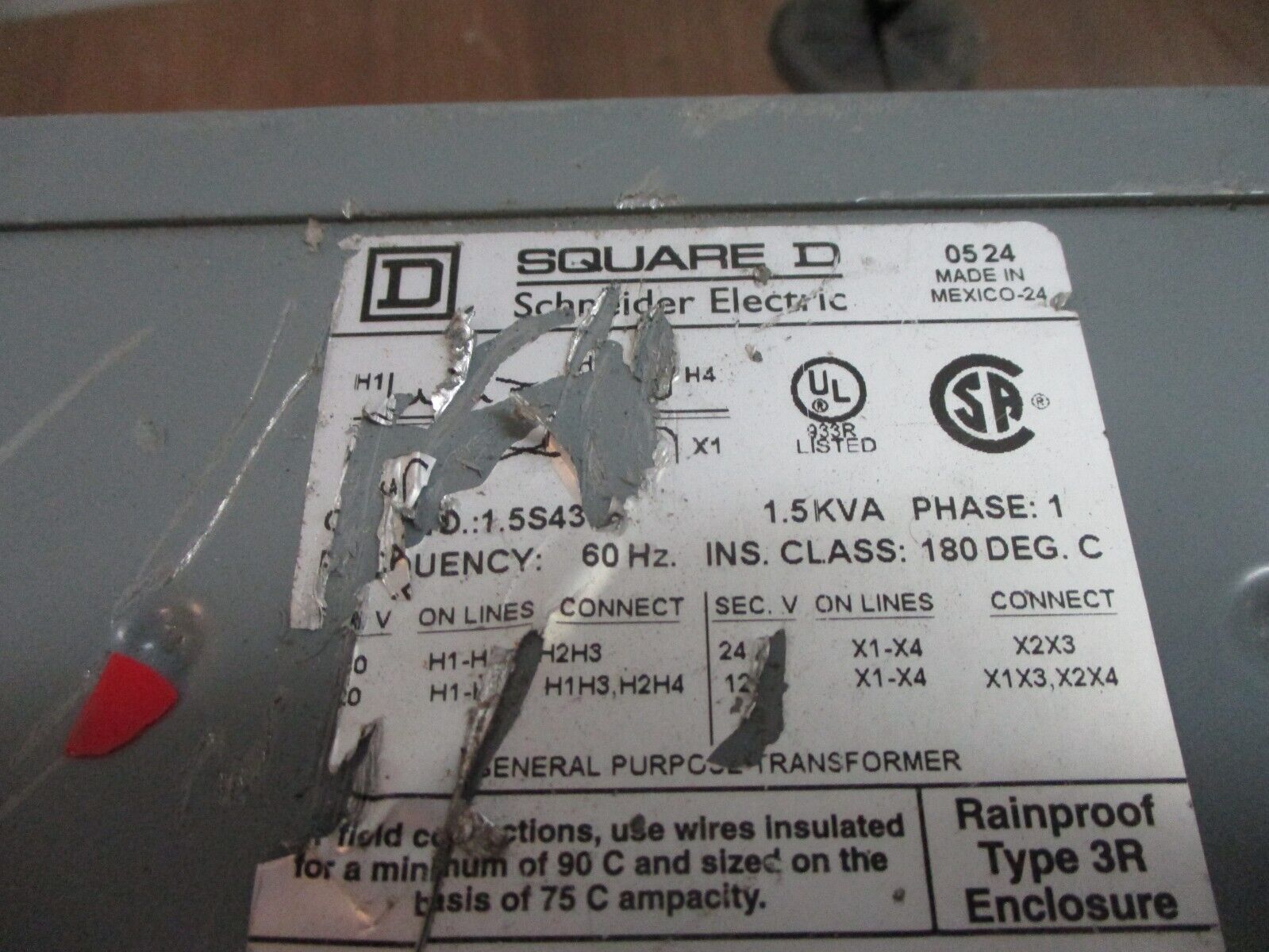 Square D Transformer 1.5S43F 1.5kVA Pri: 240/480V Sec: 120/240V 60Hz 1Ph Used