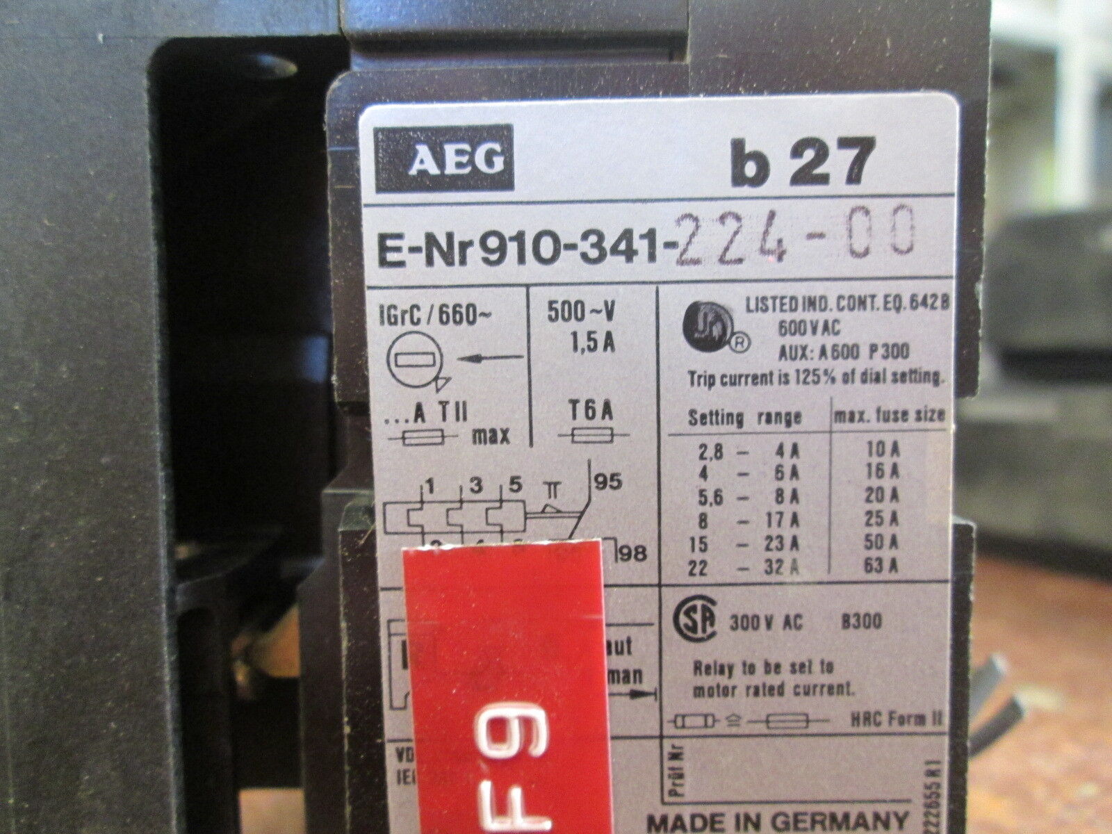 AEG  B 27 Solid State Overload E-Nr910-341-224-00 Range: 0.4-0.6A Used