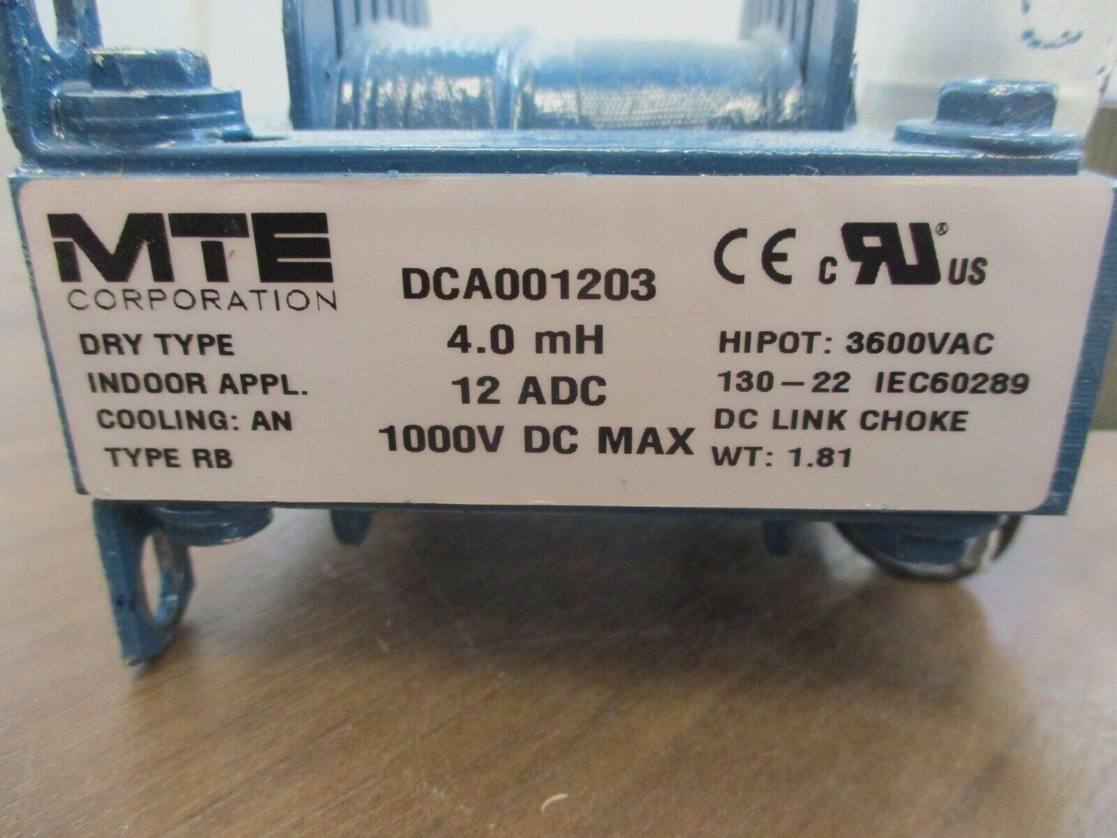 MTE DC Link Choke DCA001203 4.0mH 12A DC 1000V DC Hipot: 3600VAC Used