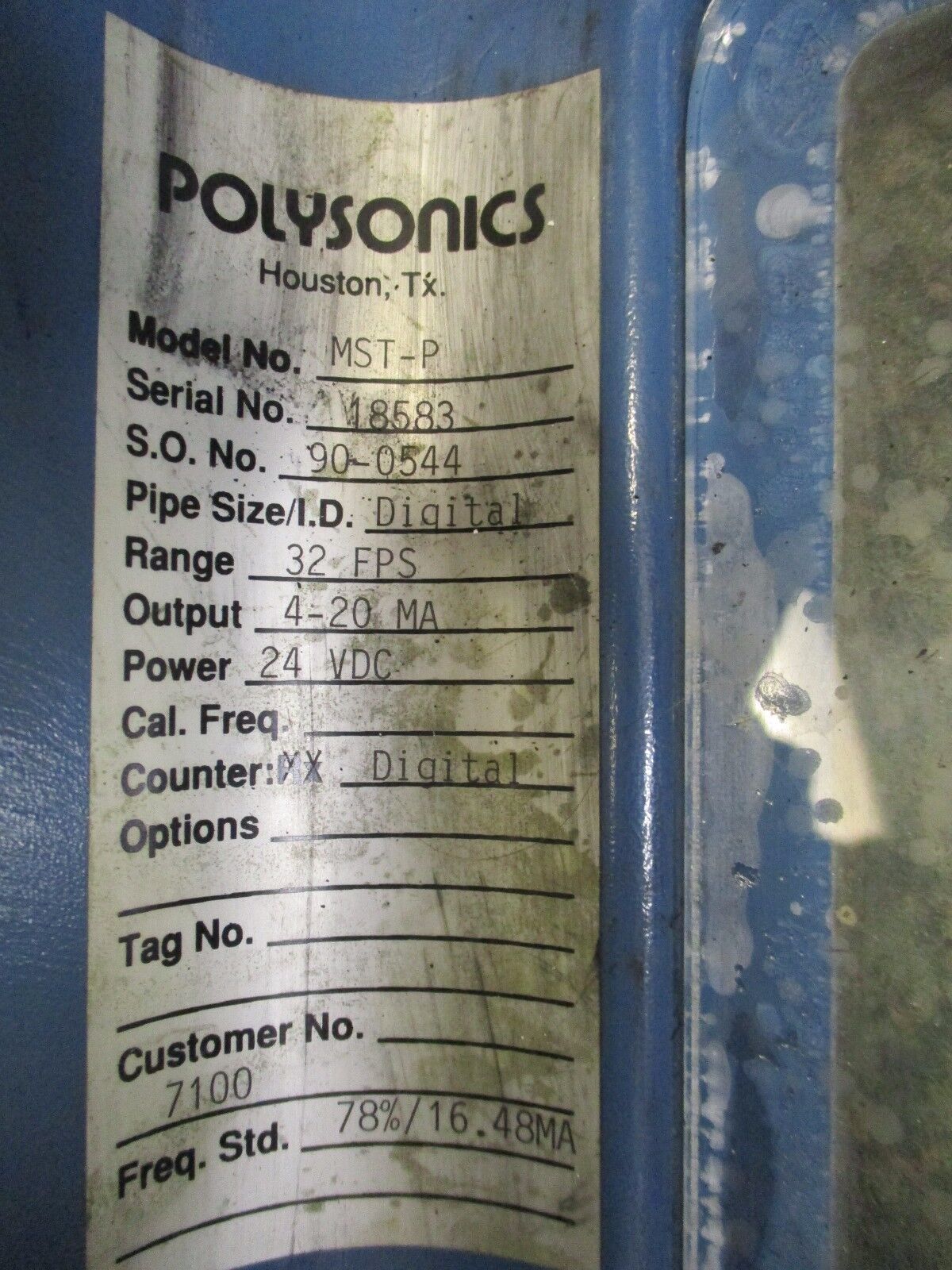 Polysonics Ultrasonic Digital Flowmeter MST-P 24VDC Output: 4-20mA Range: 32FPS