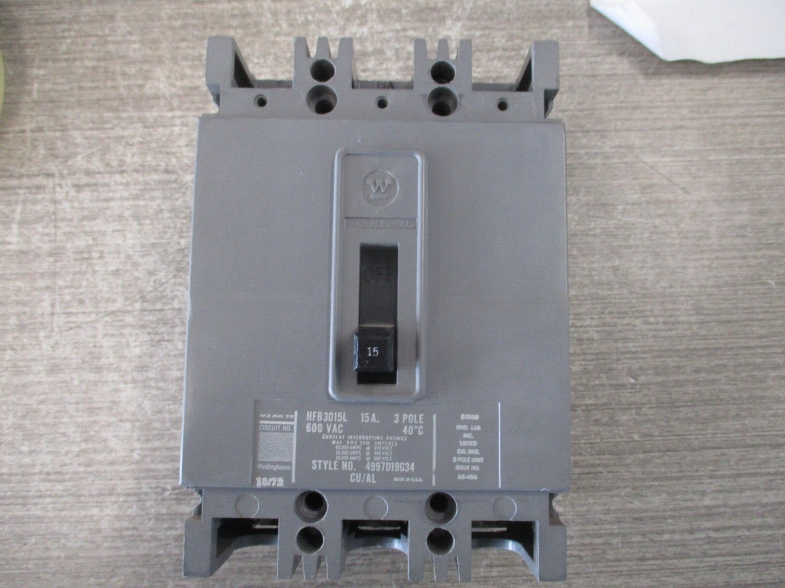 Westinghouse Circuit Breaker HFB3015L 15A 600V 3P Used