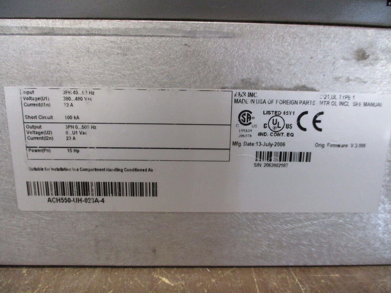 ABB ACH550 AC Drive ACH550-UH-023A-4 15HP 3Ph w/ Keypad Used