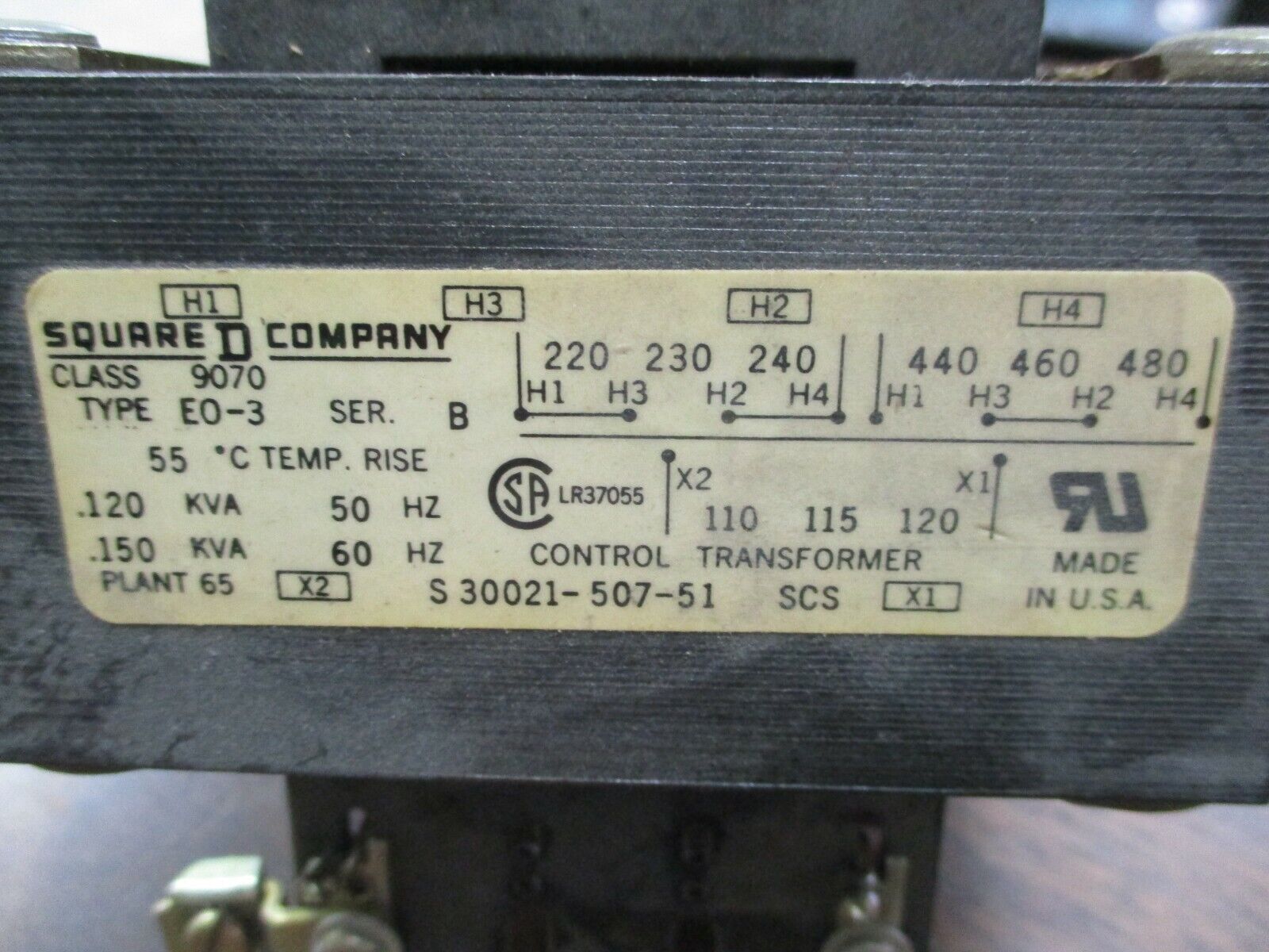 Square D Control Transformer 9070 E0-3 0.150KVA Pri:240/480V Sec:120V Used