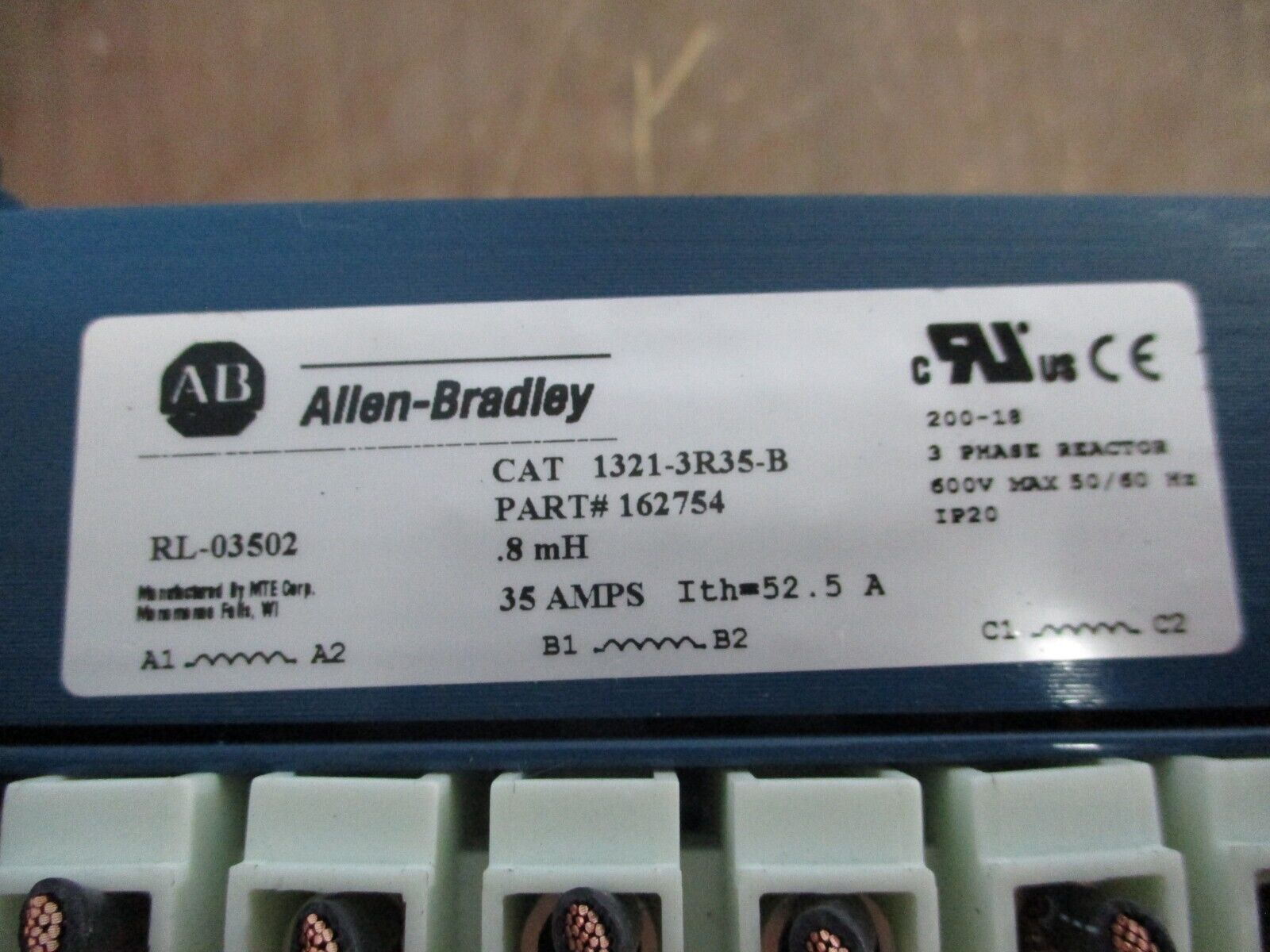 Allen-Bradley Line Reactor 162754 CAT #: 1321-3R35-B 35A 600V 3Ph 0.8mH Used