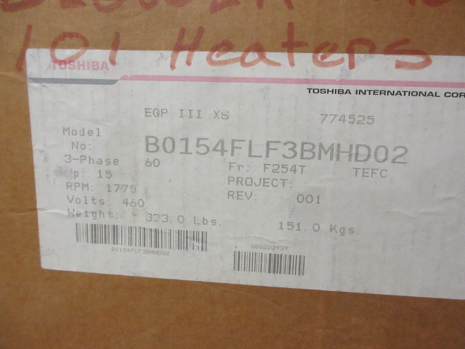 Toshiba EQP III XS AC Motor B0154FLF3BMHD02 15HP 1800RPM 460V 3Ph New Surplus