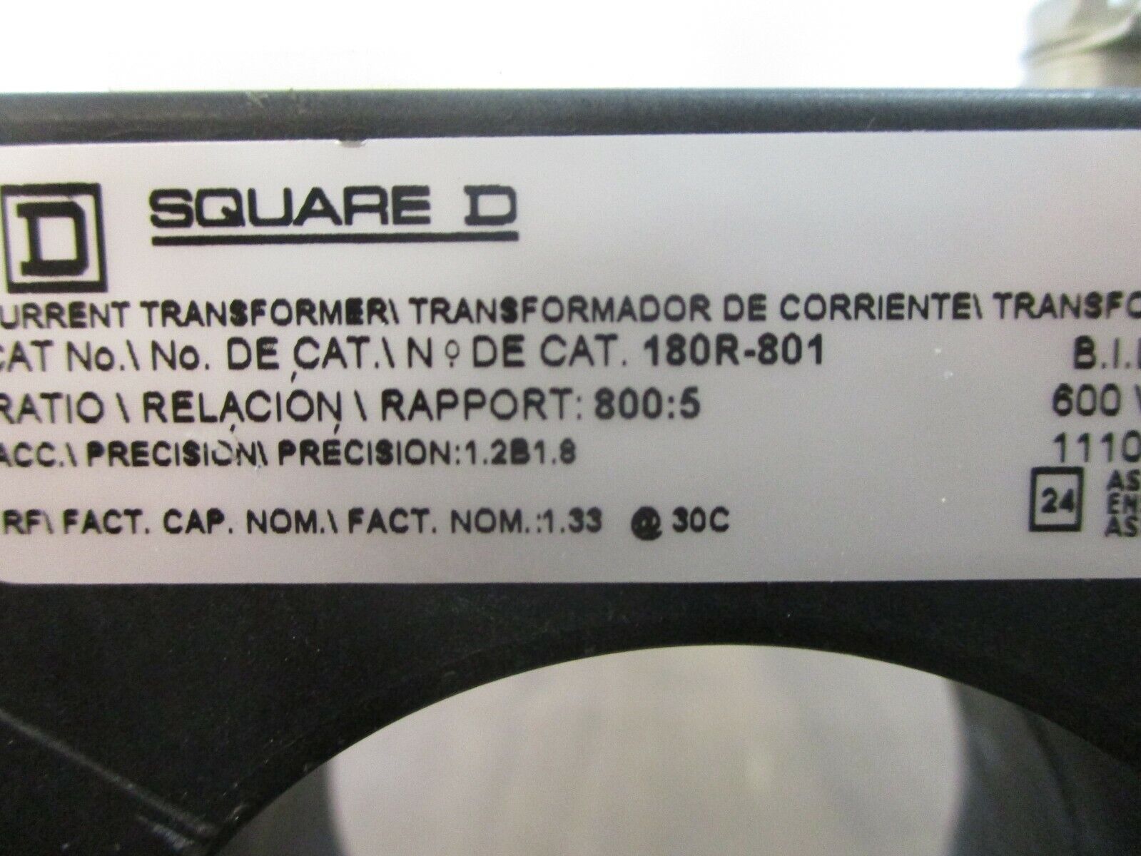 Square D Current Transformer 180R-801 Ratio 800:5A 600V 25-400Hz 10kV BIL Used