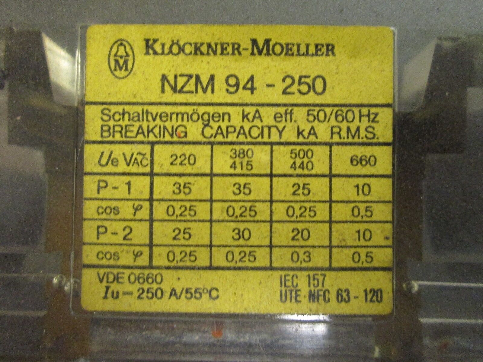 Klockner Moeller Circuit Breaker NZM94-250 Trip: ZM94-250 Range: 200-250A Used