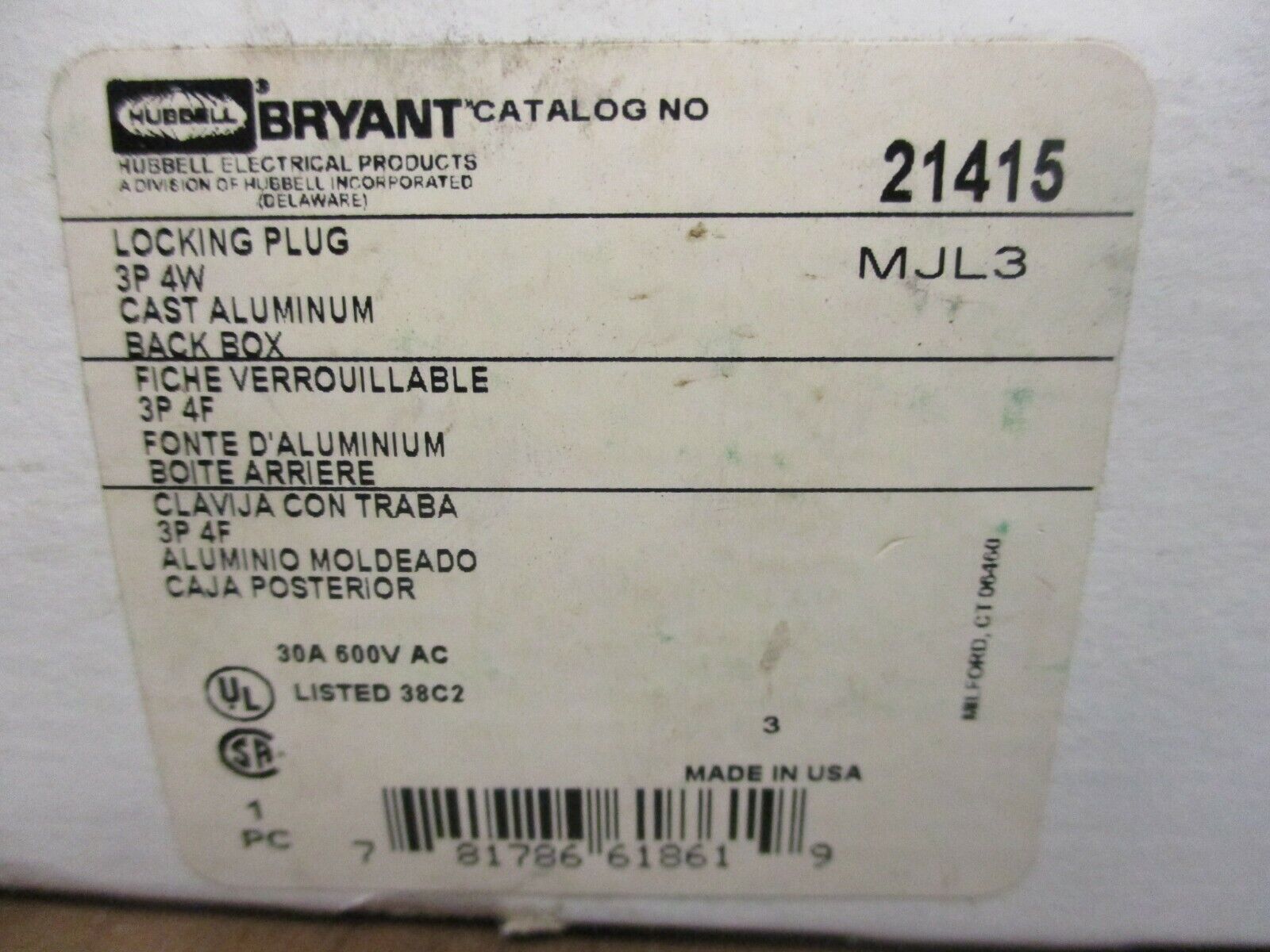 Hubbell Bryant Locking Plug 21415 30A 600V 3P 4W New Surplus