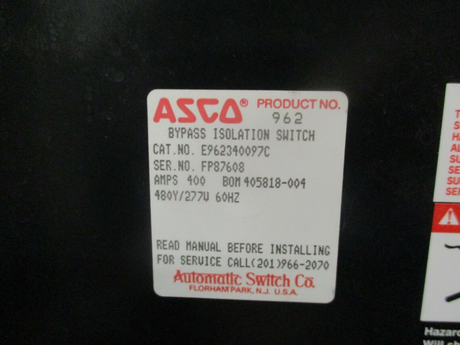 Asco 962 Automatic Transfer Switch w/ Bypass E962340097C 400A 480Y/277V 60Hz