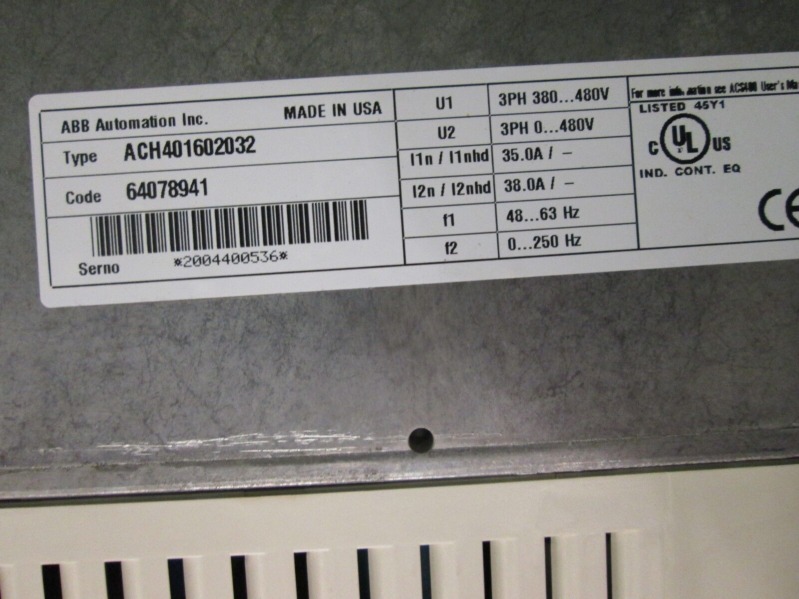 ABB Drive ACH401602032, 460 VAC 3 PH 60 Hz 35 A 25 HP