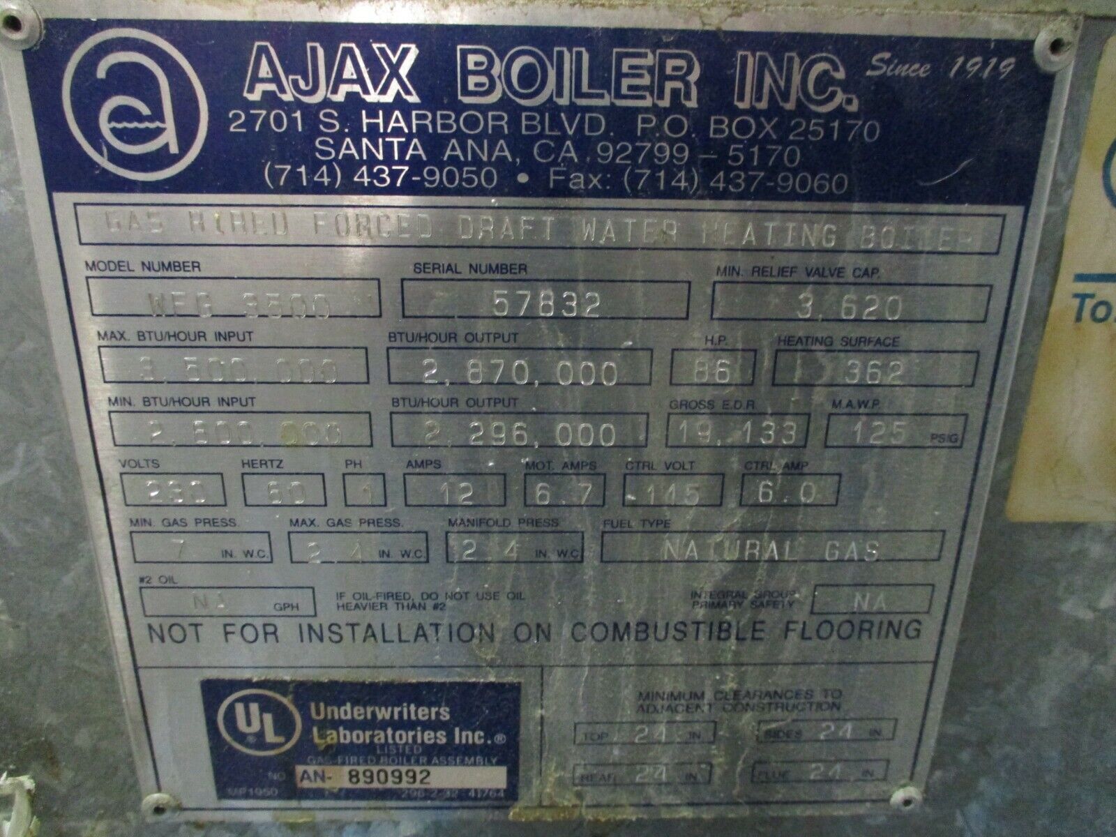 Ajax Natural Gas Boiler WFG 3500 3,500,000BTU In 2,870,000BTU Out 230V 1Ph Used