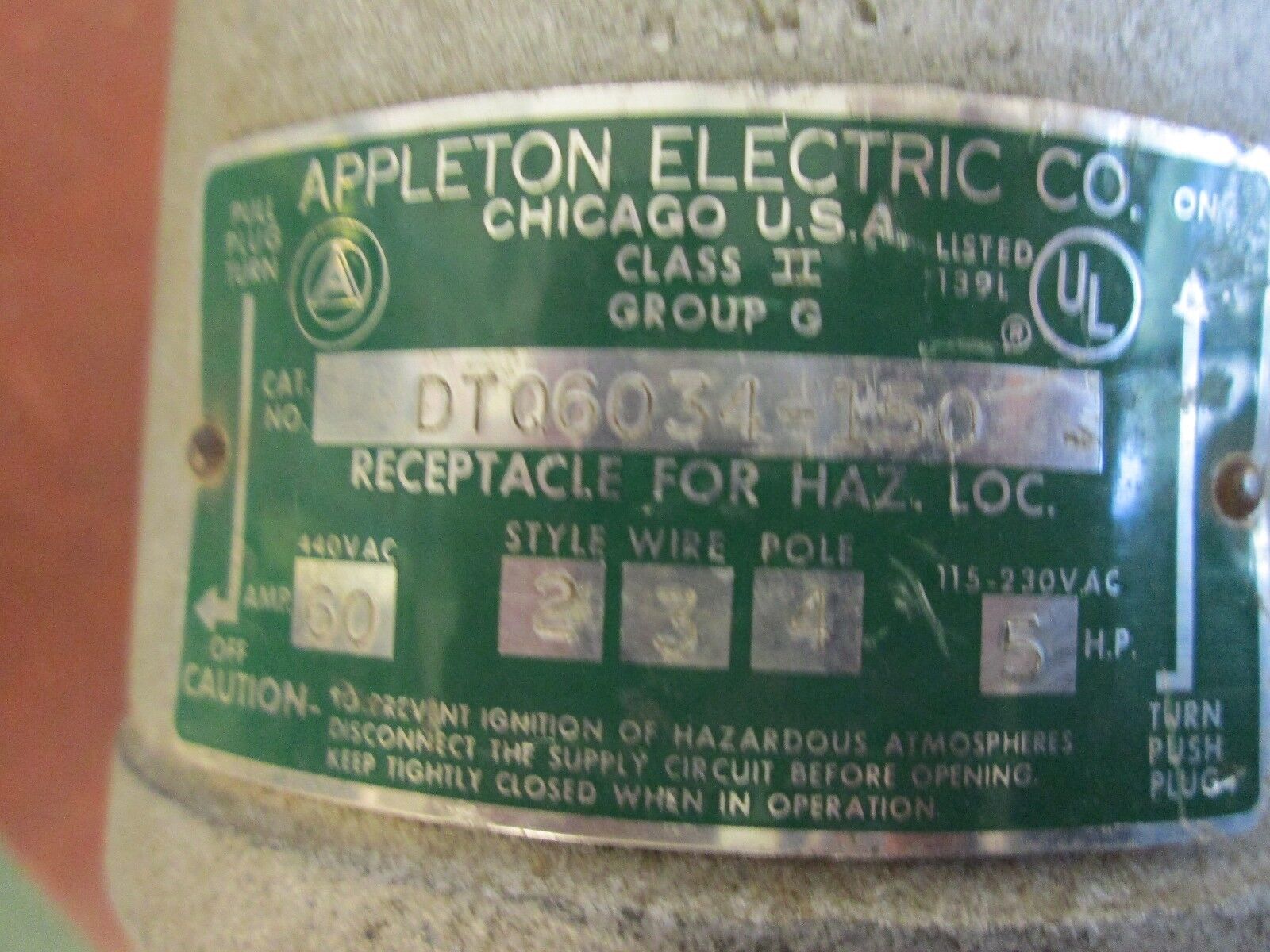 Appleton Electric Receptacle w/Base DTQ6034-150 60A 440V AC 3W 4P Used