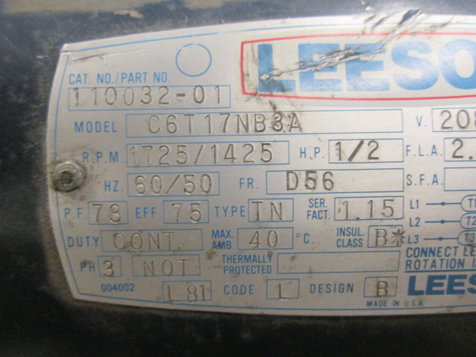 Leeson C6T17NB3A AC Motor 110032-01 ½HP 1725/1425RPM FR:D56 ENCL:TENV Used