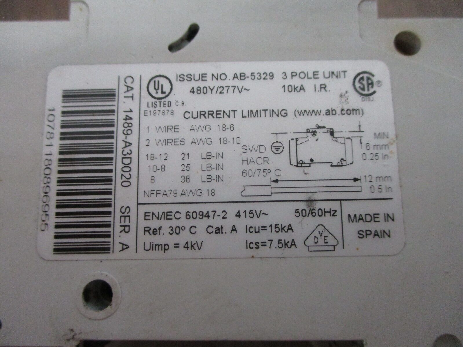 Allen-Bradley Circuit Breaker 1489-A3D020 2A 480Y/277V 3P Used