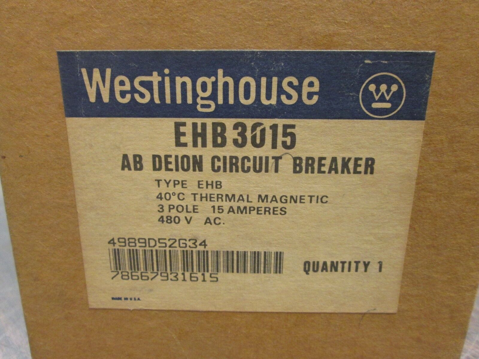 Westinghouse AB DeIon Circuit Breaker EHB3015 15A 480V 3P New Surplus