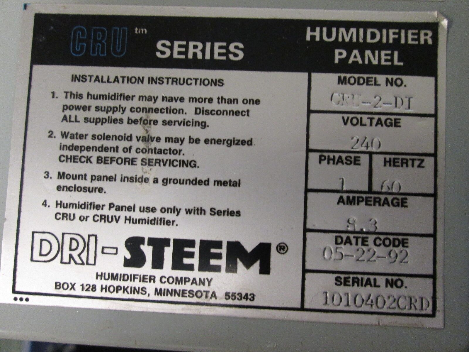 Dri-Steem/Solitech Humidifier Controller CRU-2-DI 101-M1-240-040-C 240V 1Ph Used