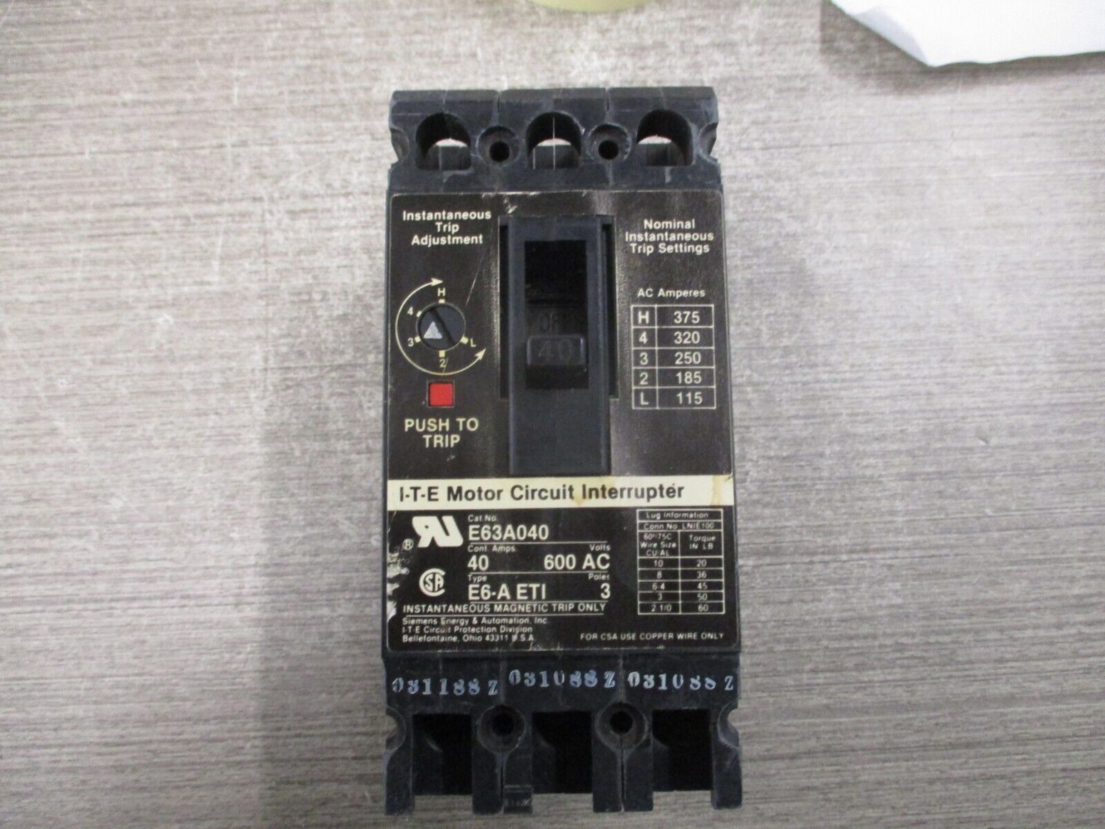 ITE Circuit Breaker E63A040 40A 600V 3P Used