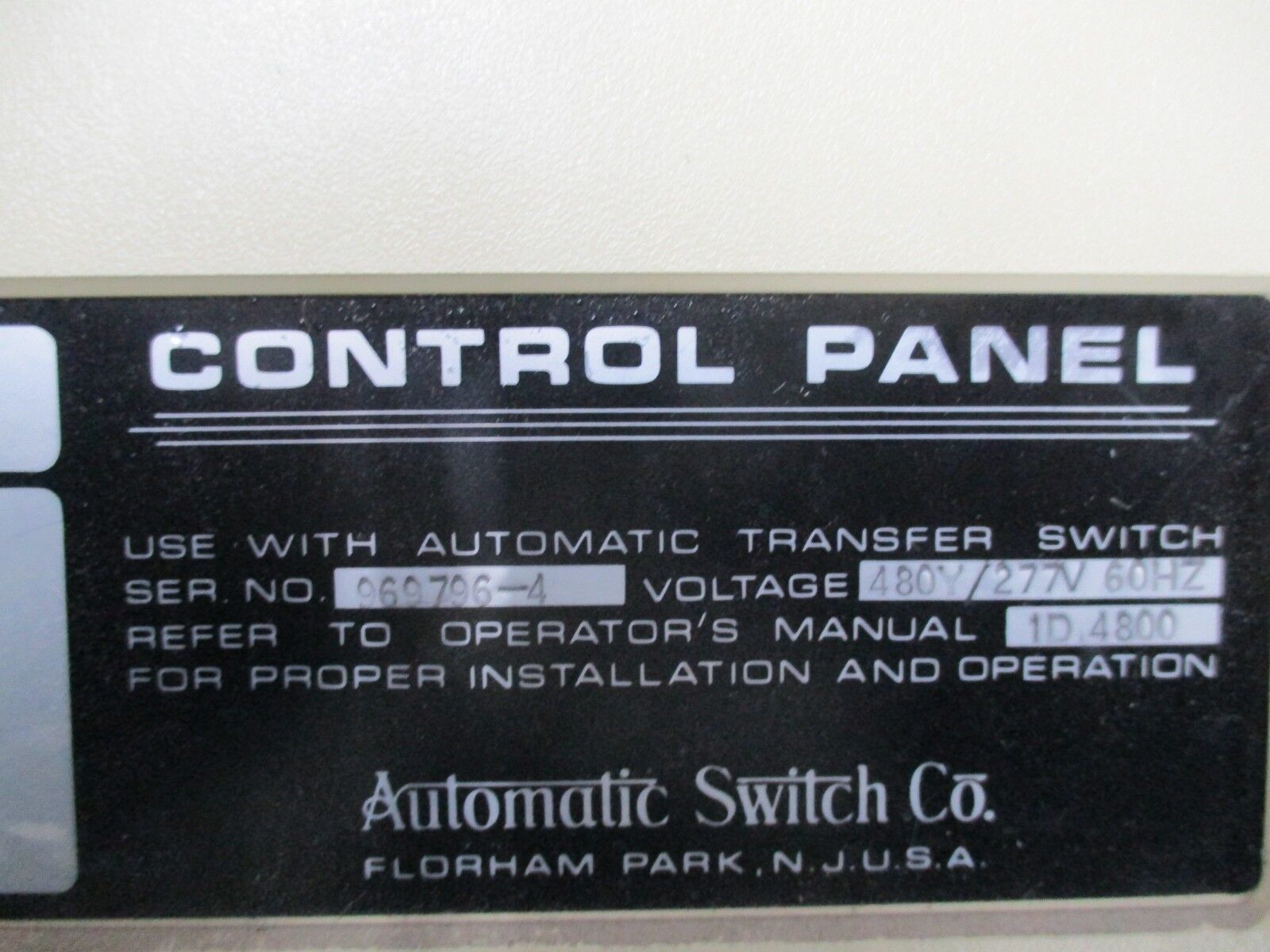 Asco Control Panel YP577167001 480Y/277V 60Hz Used