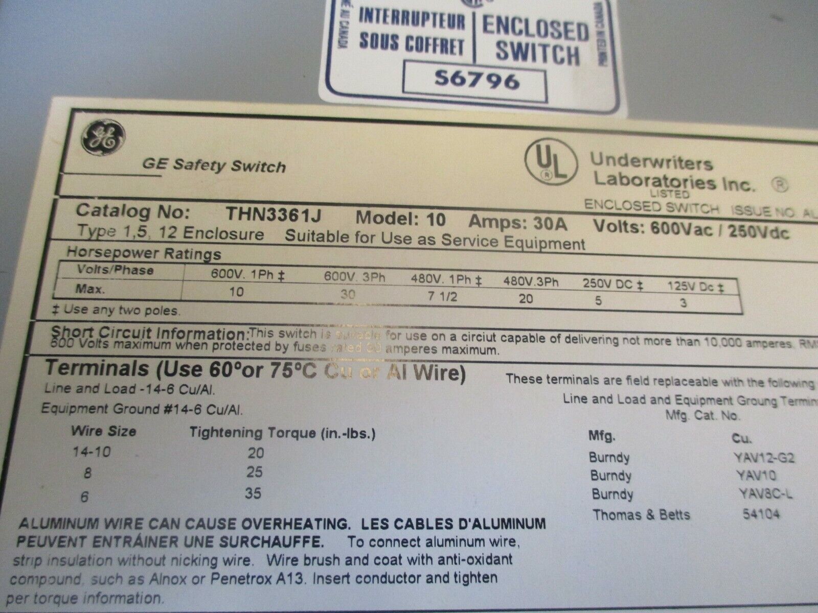 GE Non-Fusible Type 12 Safety Switch / Disconnect THN3361J 30A 600V Used