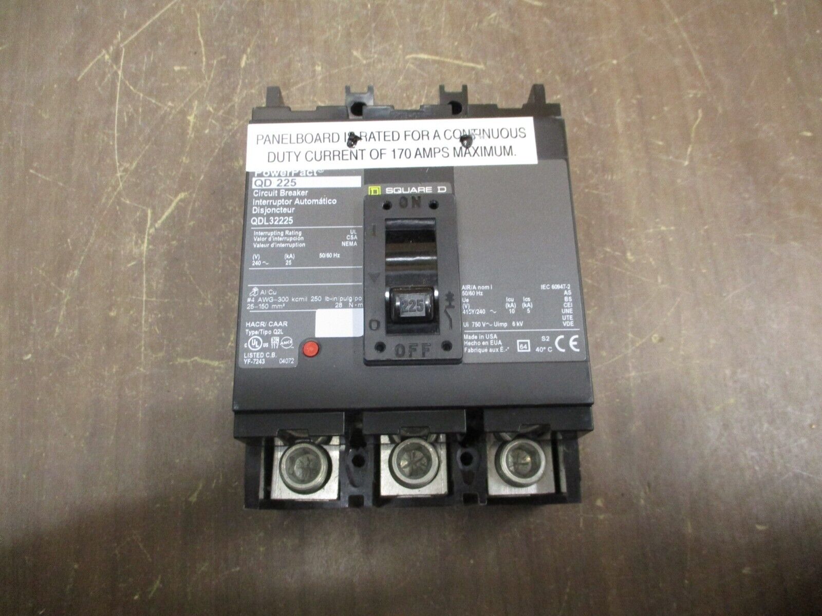 Square D PowerPact Circuit Breaker QDL32225 225A 240V 3P Used