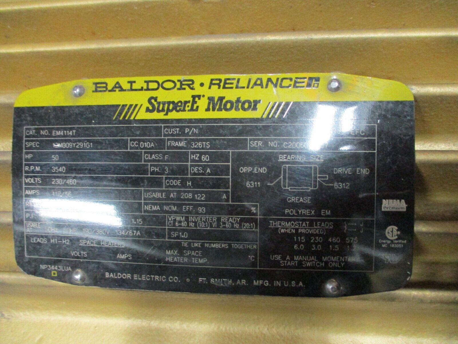 Baldor Super-E AC Motor EM4114T 50HP 3600RPM 230/460V 3Ph 60Hz TEFC New Surplus