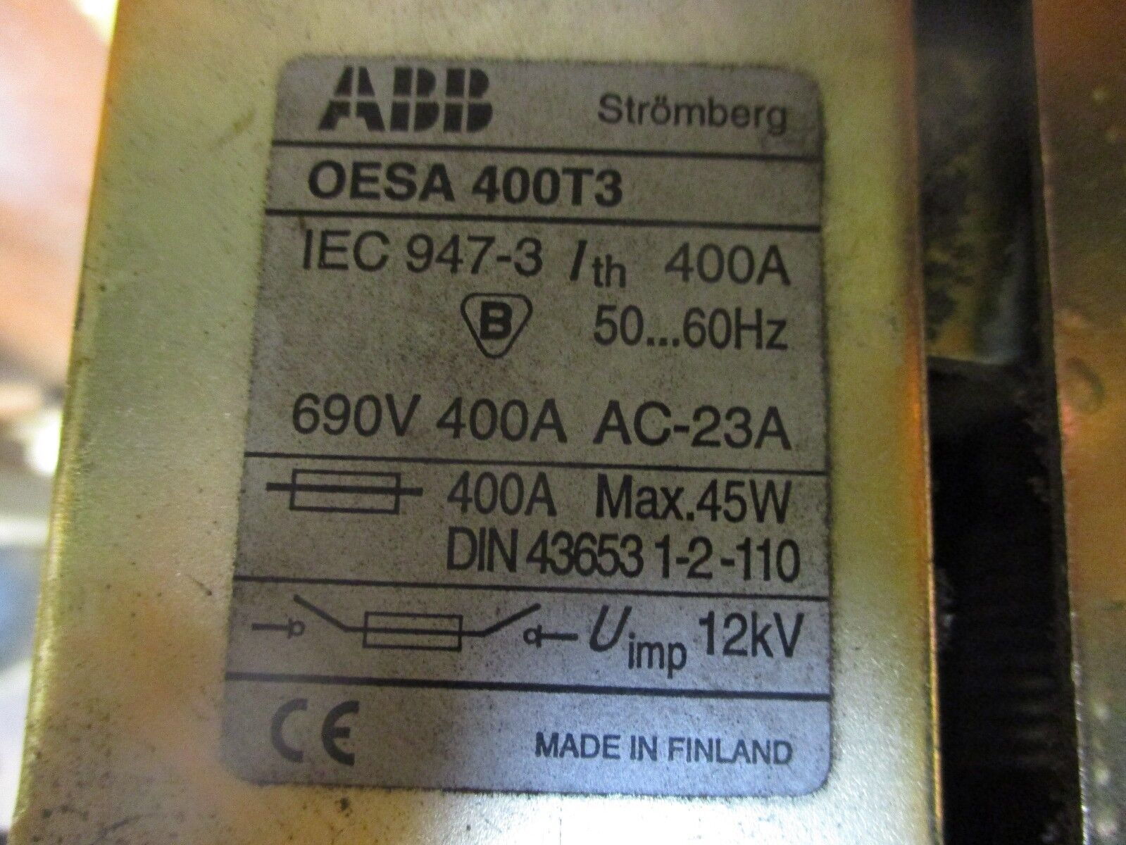 ABB Fusible Disconnect Switch OESA 400T3 400A 690V 3P Used