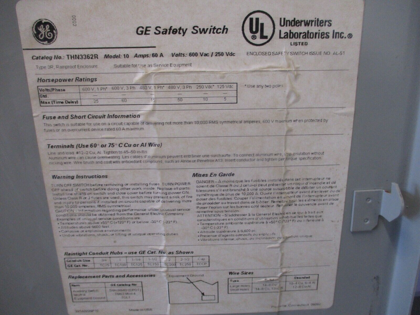 GE 3R Non-Fusible Safety Switch/Disconnect THN3362R Mod. 10 60A 600V Used