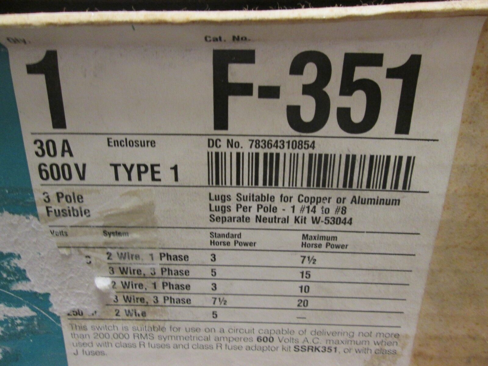 ITE Safety Switch F-351 30A 600V 3P New Surplus