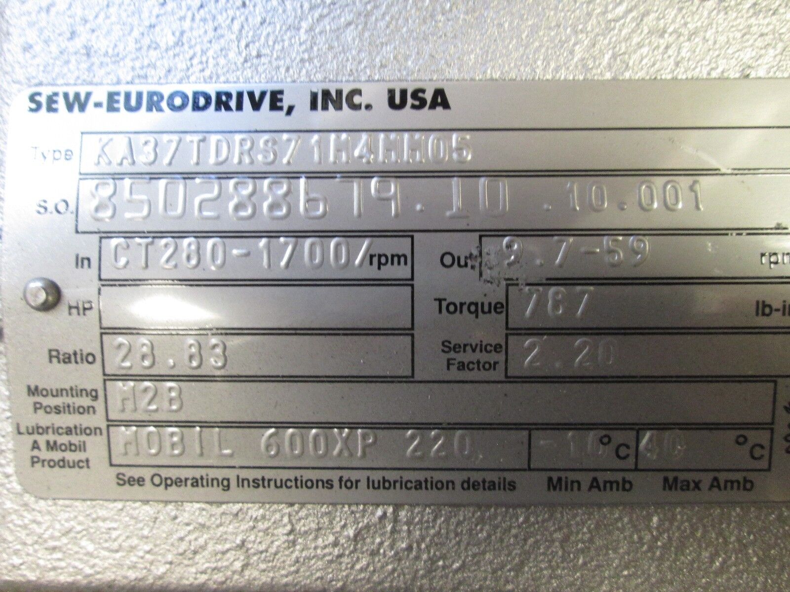 Sew-Eurodrive Gear Motor w/ Brake DRS71M4MM05 0.75HP 200-1700RPM Ratio 28.83