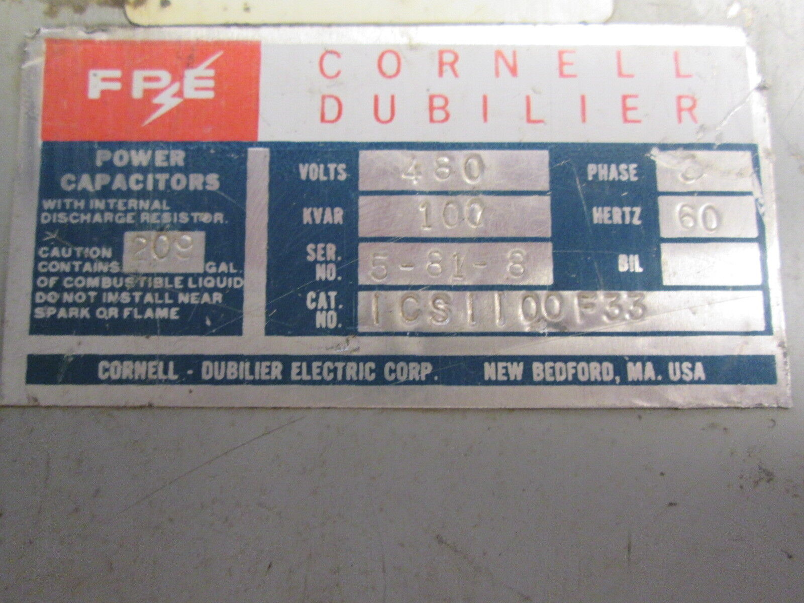 Cornell Dubilier Power Capacitor ICS1100F33 100KVAR 480V 60Hz 3Ph Used