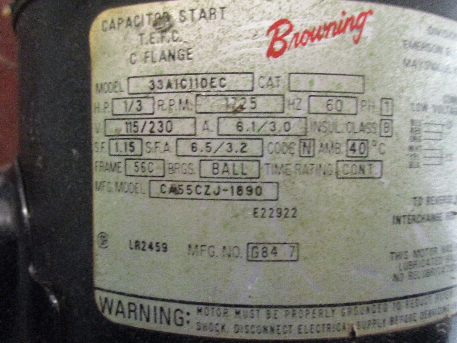 Browning Motor 33A1C11DEC 1/3HP 1725RPM 115/230V 6.1/3.0A 1PH Used