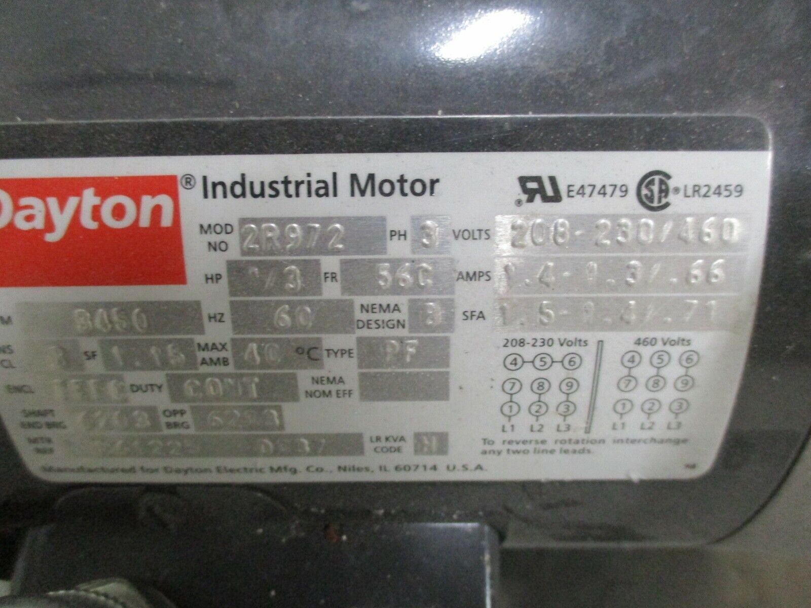 Dayton AC Motor 2R972 1/3HP 3600RPM 208-230/460V 1.4-1.3/0.66A 3Ph 60Hz Used