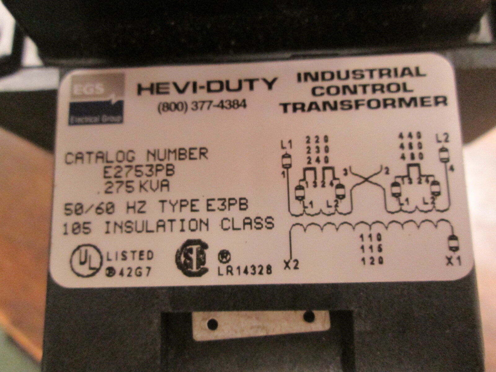 Hevi-Duty Control Transformer E2753PB 0.275KVA Pri:240/480V Sec:120V 50/60Hz