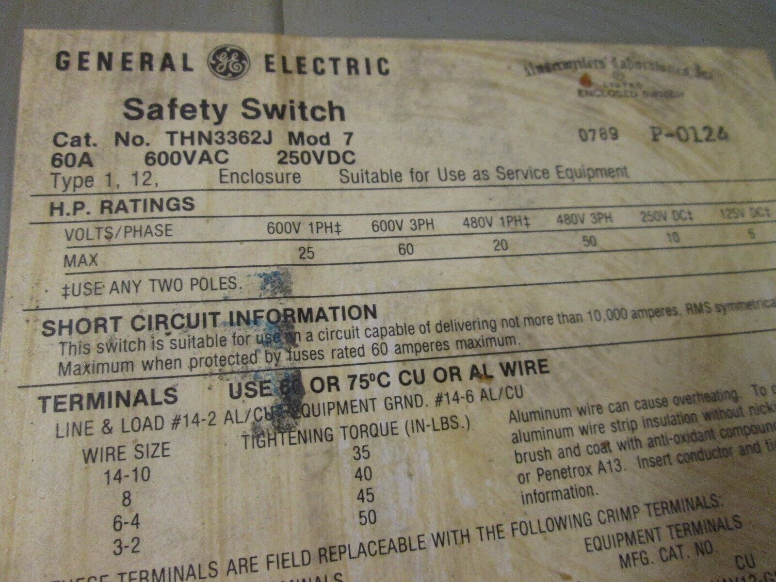 GE Nema 12 Non-fusible Safety Switch THN3362J 60A *Bent Door* New Surplus