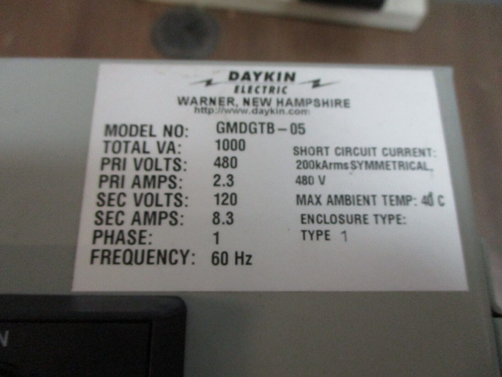 Daykin Transformer GMDGTB-05 1000VA Pri: 480V Sec: 120V 1Ph 60Hz Used