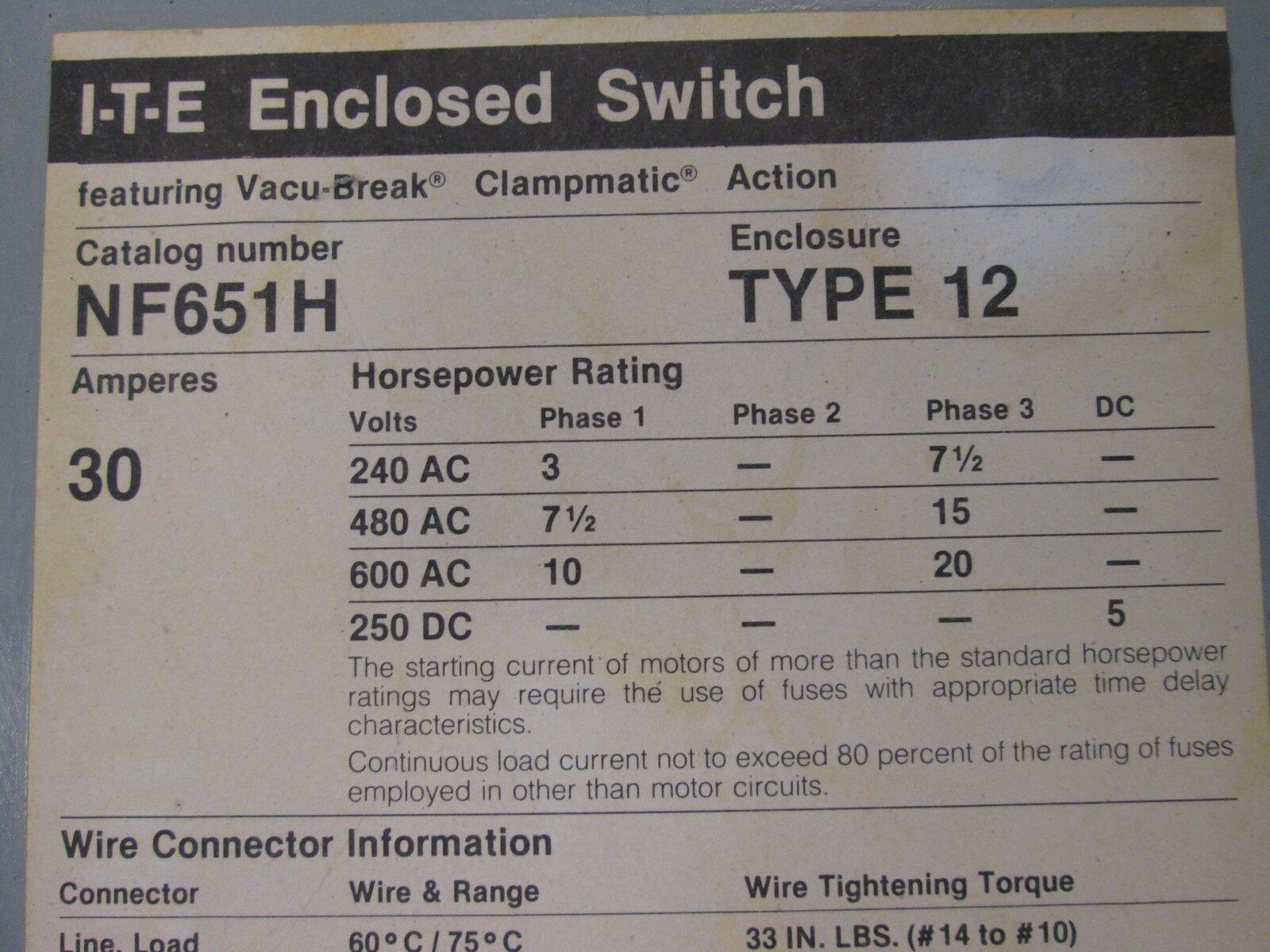 ITE 3R Non-fusible Safety Switch NF651H 30A 600V 3P Nema 3R Enclosure Used