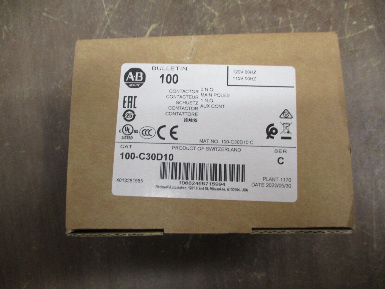 Allen-Bradley Contactor 100-C30D10 Ser. C 120V Coil New Surplus