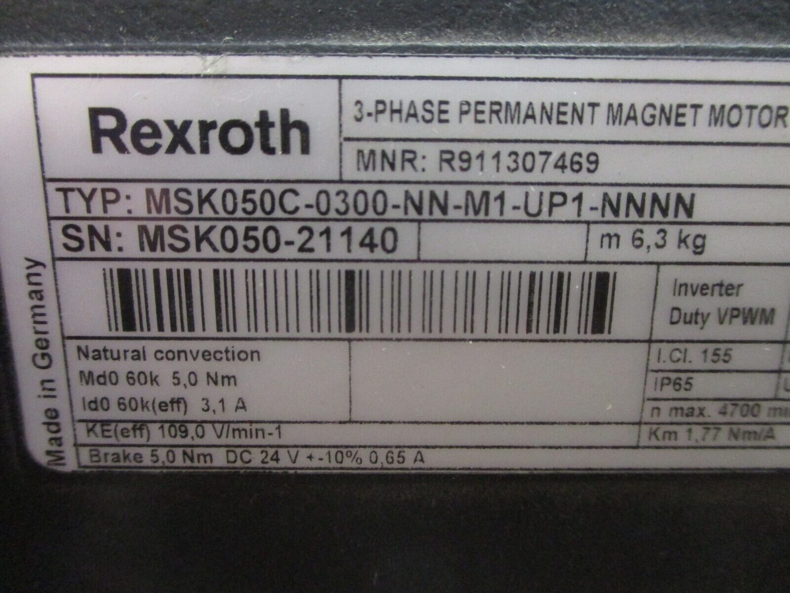 Rexroth Servo Motor MSK050C-0300-NN-M1-UP1-NNNN 600V 1.77Nm/A nMax: 4700min-1